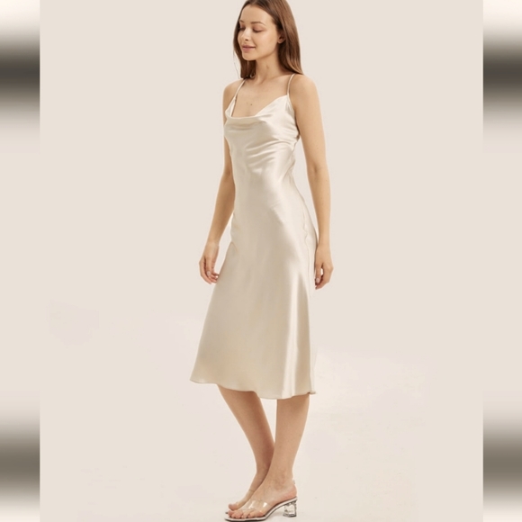 NAP Loungewear Dresses & Skirts - Silk Satin Slip Midi Dress (Light Beige) - NAP Loungewear